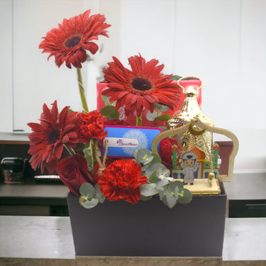 Red Surprise Ramadan Collection, Elegant Bouquet, Red Gerbera, Roses, Classic Box Arrangement